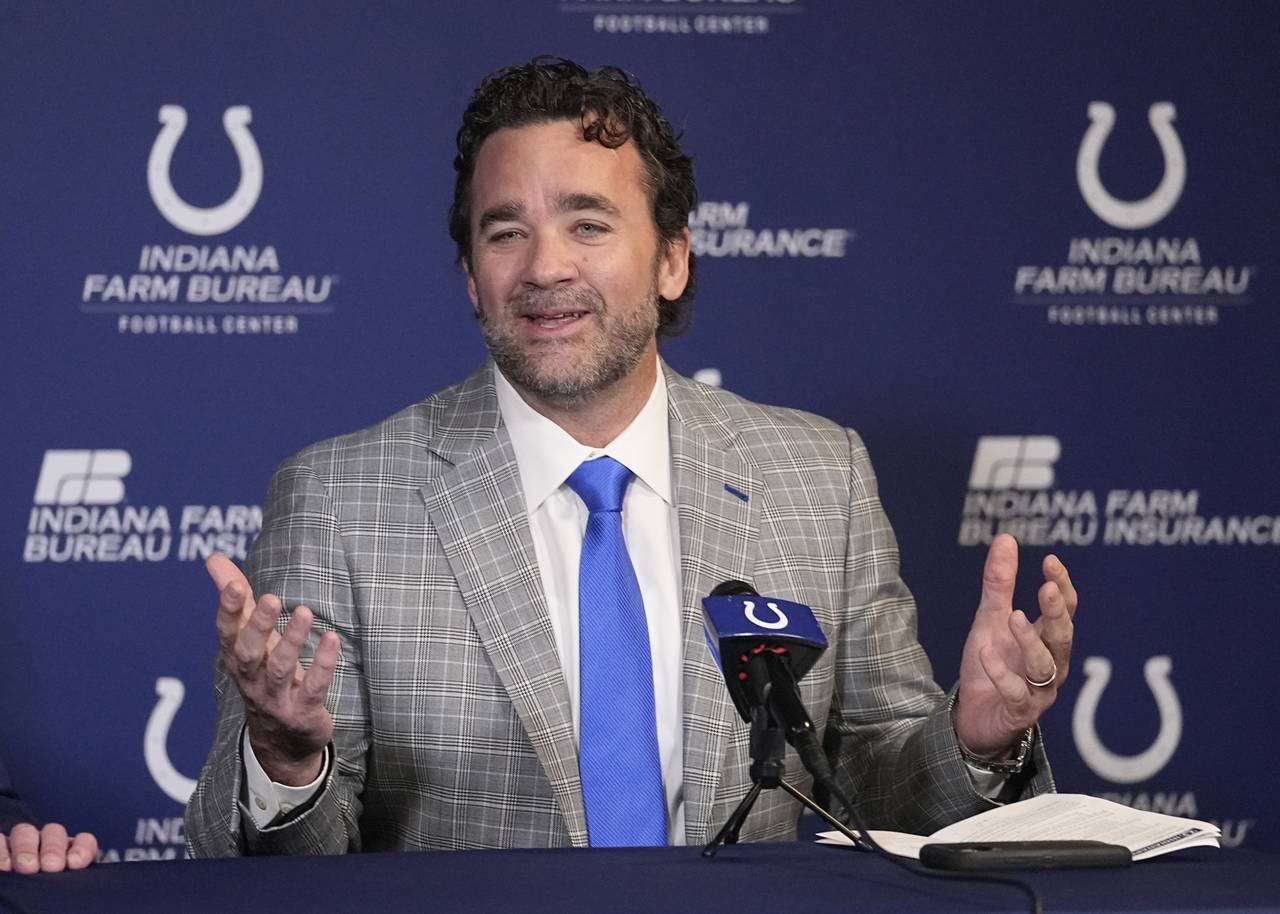 Indianapolis Colts interim coach Jeff Saturday speaks during a news conference at the NFL football ...