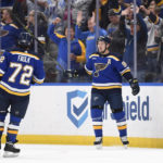 
              St. Louis Blues right wing Vladimir Tarasenko (91) celebrates after a goal against the New York Islanders during the first period of an NHL hockey game Thursday, Nov. 3, 2022, in St. Louis. (AP Photo/Jeff Le)
            