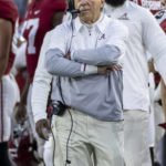 
              Alabama head coach Nick Saban paces the sideline with an injured face during the first half of an NCAA college football game against Auburn, Saturday, Nov. 26, 2022, in Tuscaloosa, Ala. (AP Photo/Vasha Hunt)
            