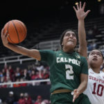 
              Cal Poly guard Annika Shah (2) shoots while defended by Stanford guard Talana Lepolo (10) during the first half of an NCAA college basketball game in Stanford, Calif., Wednesday, Nov. 16, 2022. (AP Photo/Godofredo A. Vásquez)
            