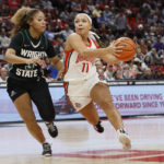 
              Ohio State's Kaia Henderson, right drives the lane against Wright State's Makiya Miller during the second half of an NCAA college basketball game on Wednesday, Nov. 23, 2022, in Columbus, Ohio. (AP Photo/Jay LaPrete)
            