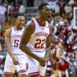 
              Indiana forward Jordan Geronimo (22) reacts after an Indiana score against Bethune-Cookman during the first half of an NCAA college basketball game Thursday, Nov. 10, 2022, in Bloomington, Ind. (AP Photo/Doug McSchooler)
            