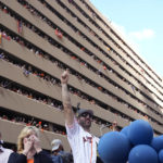 
              Houston Astros' Justin Verlander waves to fans during a victory parade for the World Series baseball champions Monday, Nov. 7, 2022, in Houston. (AP Photo/David J. Phillip)
            