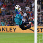 
              Barcelona's goalkeeper Marc-Andre ter Stegen catches the ball as warms up prior to a Spanish La Liga soccer match between Barcelona and Athletic Club at the Camp Nou stadium in Barcelona, Spain, Sunday, Oct. 23, 2022. (AP Photo/Joan Monfort)
            