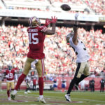 
              San Francisco 49ers wide receiver Jauan Jennings (15) catches a touchdown pass next to New Orleans Saints safety Tyrann Mathieu during the first half of an NFL football game in Santa Clara, Calif., Sunday, Nov. 27, 2022. (AP Photo/Godofredo A. Vásquez)
            