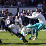 
              Miami Dolphins place kicker Jason Sanders misses a 29 yard field goal during the first half of an NFL football game against the Chicago Bears, Sunday, Nov. 6, 2022 in Chicago. (AP Photo/Charles Rex Arbogast)
            