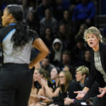 
              Iowa head coach Lisa Bluder questions a call during the first half of an NCAA college basketball game against Drake, Sunday, Nov. 13, 2022, in Des Moines, Iowa. (AP Photo/Charlie Neibergall)
            
