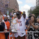 
              Houston Astros manager Dusty Baker waves during a victory parade for the World Series baseball champions Monday, Nov. 7, 2022, in Houston. (AP Photo/David J. Phillip)
            