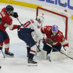 
              Florida Panthers goaltender Sergei Bobrovsky (72) defends the goal as Washington Capitals left wing Marcus Johansson (90) is on offense during the first period of an NHL hockey game, Tuesday, Nov. 15, 2022, in Sunrise, Fla. (AP Photo/Marta Lavandier)
            