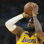 
              Los Angeles Lakers forward LeBron James shoots during the first half of an NBA basketball game against the Los Angeles Clippers Wednesday, Nov. 9, 2022, in Los Angeles. (AP Photo/Mark J. Terrill)
            