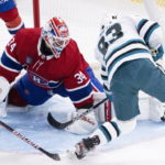 
              San Jose Sharks' Matt Nieto scores past Montreal Canadiens goaltender Jake Allen during the first period of an NHL hockey game Tuesday, Nov. 29, 2022, in Montreal. (Paul Chiasson/The Canadian Press via AP)
            