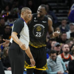 
              Golden State Warriors forward Draymond Green (23) argues his technical foul with referee Tony Brothers during the second half of an NBA basketball game against the Phoenix Suns, Wednesday, Nov. 16, 2022, in Phoenix. (AP Photo/Matt York)
            