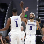 
              Northwestern guard Boo Buie, right, celebrates with guard Chase Audige after Purdue Fort Wayne guard Jarred Godfrey committed a foul during the second half of an NCAA college basketball game in Evanston, Ill., Friday, Nov. 18, 2022. (AP Photo/Nam Y. Huh)
            