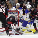 
              Carolina Hurricanes center Martin Necas (88), goaltender Antti Raanta (32) and defenseman Calvin de Haan (44) defend against Buffalo Sabres left wing Jeff Skinner (53), right wing Alex Tuch (89) and right wing Tage Thompson (72) during the second period of an NHL hockey game Friday, Nov. 4, 2022, in Raleigh, N.C. (AP Photo/Chris Seward)
            