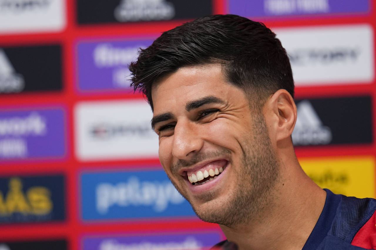 Spain's Marco Asensio during a news conference at Qatar University, in Doha, Qatar, Thursday, Nov. ...