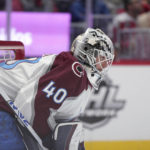 
              Colorado Avalanche goaltender Alexandar Georgiev stands in front of the net during the first period of the team's NHL hockey game against the Washington Capitals, Saturday, Nov. 19, 2022, in Washington. (AP Photo/Jess Rapfogel)
            