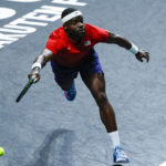 
              Frances Tiafoe of the USA returns to Italy's Lorenzo Sonego during a Davis Cup quarter-final tennis match between Italy and USA in Malaga, Spain, Thursday, Nov. 24, 2022. (AP Photo/Joan Monfort)
            