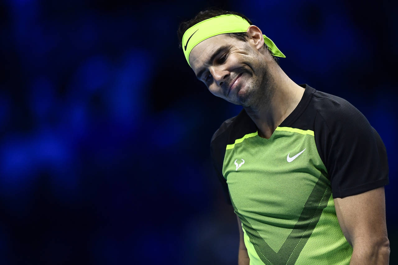 Rafael Nadal reacts during his singles tennis match with Felix Auger-Aliassime at the ATP World Tou...