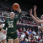 
              Cal Poly forward Natalia Ackerman (35) pulls in a rebound during the first half of the team's NCAA college basketball game against Stanford in Stanford, Calif., Wednesday, Nov. 16, 2022. (AP Photo/Godofredo A. Vásquez)
            