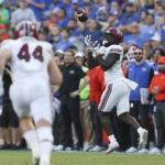 
              South Carolina wide receiver Dakereon Joyner, right, catches a touchdown pass on a fake punt during the first half of an NCAA college football game against Florida, Saturday, Nov. 12, 2022, in Gainesville, Fla. (AP Photo/Matt Stamey)
            