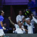 
              Italy's Fabio Fognini celebrates after defeating, together with Simone Bolelli, after defeating Tommy Paul and Jack Sock of the USA in a Davis Cup quarter-final tennis match between Italy and USA in Malaga, Spain, Thursday, Nov. 24, 2022. (AP Photo/Joan Monfort)
            