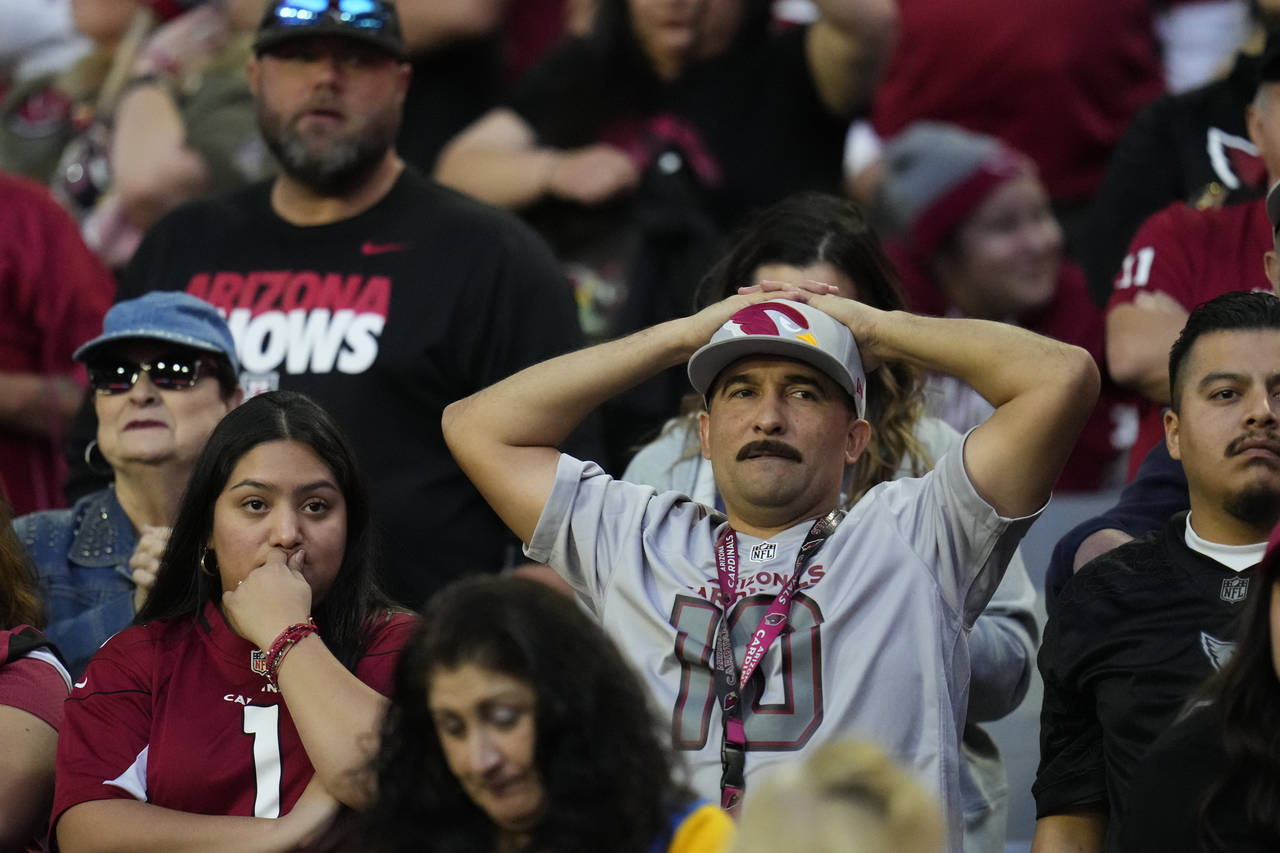Arizona Cardinals fans watch during the second half of an NFL football game against the Los Angeles...