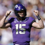 
              TCU quarterback Max Duggan (15) reacts after TCU made a first down against Texas Tech during the second half of an NCAA college football game Saturday, Nov. 5, 2022, in Fort Worth, Texas. (AP Photo/Ron Jenkins)
            