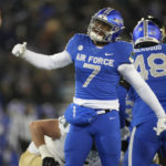
              Air Force safety Trey Taylor (7) reacts after sacking Colorado State quarterback Clay Millen in the first half of an NCAA college football game Saturday, Nov. 19, 2022, at Air Force Academy, Colo. (AP Photo/David Zalubowski)
            