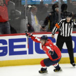 
              Washington Capitals left wing Alex Ovechkin celebrates his goal in overtime of an NHL hockey game against the Philadelphia Flyers, Wednesday, Nov. 23, 2022, in Washington. The Capitals won 3-2 in overtime. (AP Photo/Nick Wass)
            