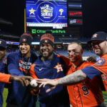 
              Houston Astross relief pitcher Rafael Montero, relief pitcher Bryan Abreu, starting pitcher Cristian Javier, catcher Christian Vazquez, and relief pitcher Ryan Pressly, from left, celebrate a combined no hitter after Game 4 of baseball's World Series between the Houston Astros and the Philadelphia Phillies on Wednesday, Nov. 2, 2022, in Philadelphia. The Astros won 5-0 to tie the series two games all. (AP Photo/Matt Slocum)
            