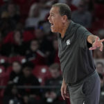 
              Houston head coach Kelvin Sampson reacts during the first half of an NCAA college basketball game against the Kent State, Saturday, Nov. 26, 2022, in Houston. (AP Photo/Kevin M. Cox)
            