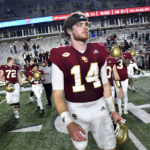 
              Boston College quarterback Emmett Morehead leaves the field after losing to Duke in an NCAA college football game Friday, Nov. 4, 2022, in Boston. (AP Photo/Mark Stockwell)
            