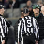 
              Tulane head coach Willie Fritz reacts to officials after an incomplete pass call was upheld on review during the first half of an NCAA college football game against Southern Methodist in New Orleans, Thursday, Nov. 17, 2022. (AP Photo/Gerald Herbert)
            