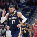 
              New Orleans Pelicans center Jonas Valanciunas (17) reacts after making a 3-point basket in the first half of an NBA basketball game against the Chicago Bulls in New Orleans, Wednesday, Nov. 16, 2022. (AP Photo/Gerald Herbert)
            