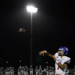 
              Los Alamitos High School quarterback Malachi Nelson (7) throws on the sideline during a high school football game against Newport Harbor High School on Friday, Sept. 30, 2022, in Newport Beach, Calif. (AP Photo/Ashley Landis)
            