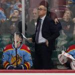 
              Florida Panthers head coach Paul Maurice looks up as the St. Louis Blues score during the third period of an NHL hockey game, Saturday, Nov. 26, 2022, in Sunrise, Fla. The Blues defeated the Panthers 5-4 in overtime. (AP Photo/Marta Lavandier)
            