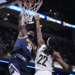 
              Denver Nuggets' Jeff Green (32) dunks against Indiana Pacers' Isaiah Jackson (22) during the first half of an NBA basketball game, Wednesday, Nov. 9, 2022, in Indianapolis. (AP Photo/Darron Cummings)
            