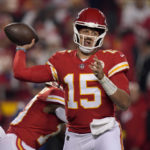 
              Kansas City Chiefs quarterback Patrick Mahomes throws during the first half of an NFL football game against the Tennessee Titans Sunday, Nov. 6, 2022, in Kansas City, Mo. (AP Photo/Charlie Riedel)
            