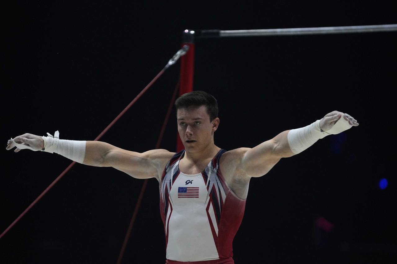 Brody Malone of the U.S. competes in the horizontal bar finals during the Artistic Gymnastics World...