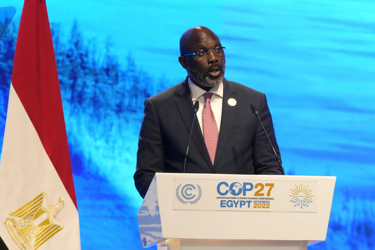 George Manneh Weah, president of Liberia, speaks at the COP27 U.N. Climate Summit, Tuesday, Nov. 8,...