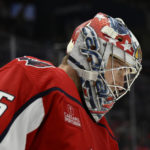 
              Washington Capitals goaltender Darcy Kuemper looks on during the second period of an NHL hockey game against the Philadelphia Flyers, Wednesday, Nov. 23, 2022, in Washington. (AP Photo/Nick Wass)
            