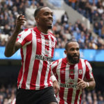 
              Brentford's Ivan Toney celebrates after scoring his side's first goal during the English Premier League soccer match between Manchester City and Brentford, at the Etihad stadium in Manchester, England, Saturday, Nov.12, 2022. (AP Photo/Dave Thompson)
            