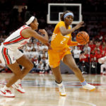 
              Tennessee forward Rickea Jackson (2) drives past Ohio State forward Taylor Thierry during the first half of an NCAA college basketball game, Tuesday, Nov. 8, 2022, in Columbus, Ohio. (AP Photo/Joe Maiorana)
            