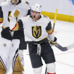 
              Vegas Golden Knights center Jack Eichel (9) celebrates his third goal of the night, during the third period of the NHL hockey game against the Buffalo Sabres, Thursday, Nov. 10, 2022, in Buffalo, N.Y. (AP Photo/Jeffrey T. Barnes)
            