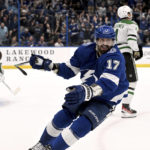 
              Tampa Bay Lightning left wing Alex Killorn (17) celebrates his overtime goal against the Dallas Stars in an NHL hockey game Tuesday, Nov. 15, 2022, in Tampa, Fla. (AP Photo/Jason Behnken)
            