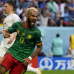 
              Cameroon's Eric Maxim Choupo-Moting celebrates after scoring his side's third goal during the World Cup group G soccer match between Cameroon and Serbia, at the Al Janoub Stadium in Al Wakrah, Qatar, Monday, Nov. 28, 2022. (AP Photo/Frank Augstein)
            