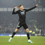 
              Leicester City's Harvey Barnes celebrates scoring his side's second goal of the game, during the English Premier League soccer match between Everton and Leicester City at Goodison Park, in Liverpool, England, Saturday, Nov. 5, 2022. (Isaac Parkin/PA via AP)
            
