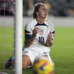 
              U.S. midfielder Lindsey Horan (10) reacts after a missed shot at the goal during the first half of an international friendly soccer match against Germany, Thursday, Nov. 10, 2022, in Fort Lauderdale, Fla. (AP Photo/Lynne Sladky)
            