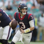 
              Houston Texans quarterback Kyle Allen (3) looks to pass the ball during the first half of an NFL football game against the Miami Dolphins, Sunday, Nov. 27, 2022, in Miami Gardens, Fla. (AP Photo/Lynne Sladky)
            