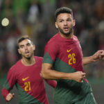 
              Portugal's Goncalo Ramos, right, celebrates after scoring his side's third goal during an international friendly soccer match between Portugal and Nigeria at the Jose Alvalade stadium in Lisbon, Thursday, Nov. 17, 2022. The Portuguese team will leave for Qatar on Friday for the World Cup. (AP Photo/Armando Franca)
            
